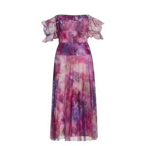 Marchesa Notte Off-Shoulder Pleated Chiffon Dress Size 10 NWT